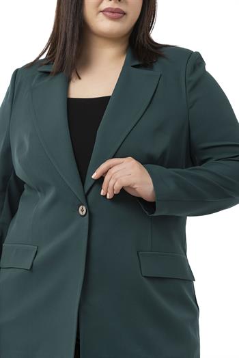 Büyük Beden Tek Düğmeli Süs Cep Kapaklı Vatkalı Astarsız Zümrüt Yeşili Ceket