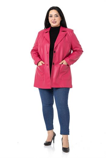 Büyük Beden Torba Cepli Düğmeli Astarlı Fuşya Suni Deri Ceket