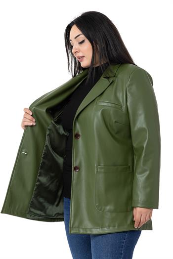 Büyük Beden Torba Cepli Düğmeli Astarlı Haki Suni Deri Ceket