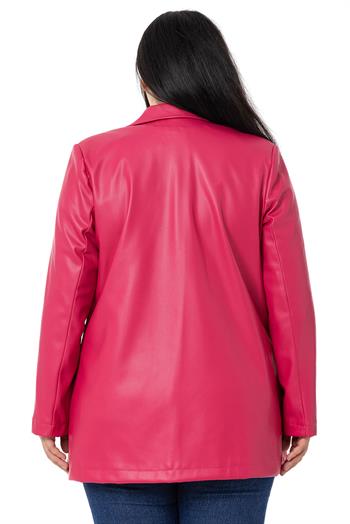 Büyük Beden Torba Cepli Düğmeli Astarlı Fuşya Suni Deri Ceket