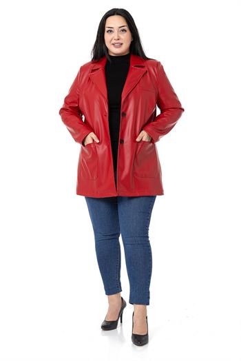 Büyük Beden Torba Cepli Düğmeli Astarlı Kırmızı Suni Deri Ceket