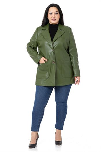 Büyük Beden Torba Cepli Düğmeli Astarlı Haki Suni Deri Ceket