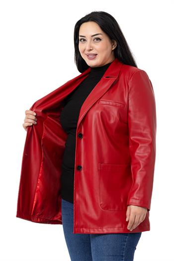 Büyük Beden Torba Cepli Düğmeli Astarlı Kırmızı Suni Deri Ceket