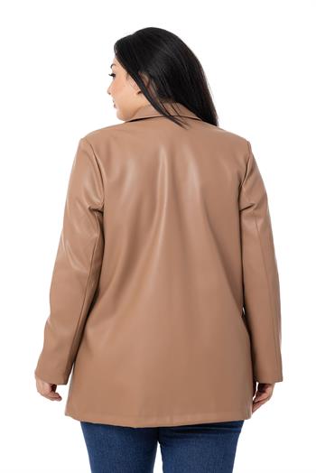 Büyük Beden Torba Cepli Düğmeli Astarlı Vizon Suni Deri Ceket