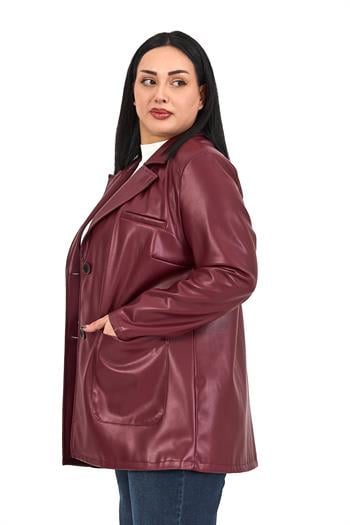 Büyük Beden Torba Cepli Düğmeli Astarlı Bordo Suni Deri Ceket