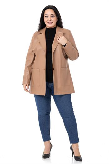 Büyük Beden Torba Cepli Düğmeli Astarlı Vizon Suni Deri Ceket