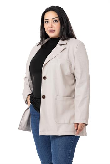 Büyük Beden Torba Cepli Düğmeli Astarlı Taş Rengi Suni Deri Ceket