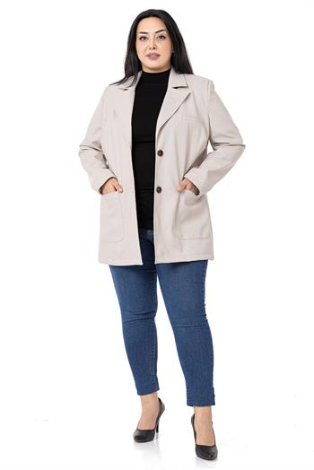 Büyük Beden Torba Cepli Düğmeli Astarlı Taş Rengi Suni Deri Ceket