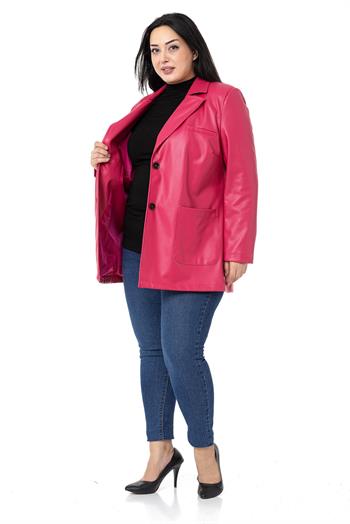 Büyük Beden Torba Cepli Düğmeli Astarlı Fuşya Suni Deri Ceket
