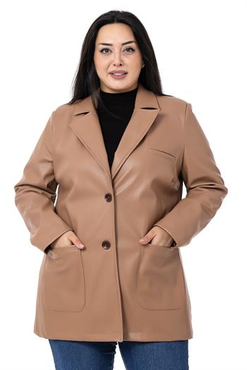 Büyük Beden Torba Cepli Düğmeli Astarlı Vizon Suni Deri Ceket