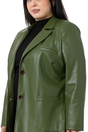 Büyük Beden Torba Cepli Düğmeli Astarlı Haki Suni Deri Ceket