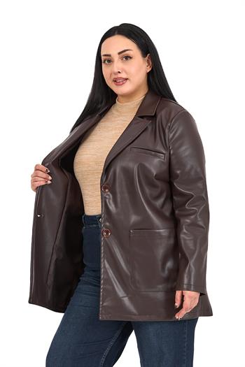 Büyük Beden Torba Cepli Düğmeli Astarlı Koyu Kahverengi Suni Deri Ceket