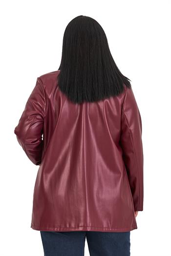 Büyük Beden Torba Cepli Düğmeli Astarlı Bordo Suni Deri Ceket