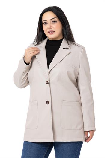 Büyük Beden Torba Cepli Düğmeli Astarlı Taş Rengi Suni Deri Ceket