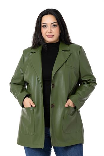 Büyük Beden Torba Cepli Düğmeli Astarlı Haki Suni Deri Ceket