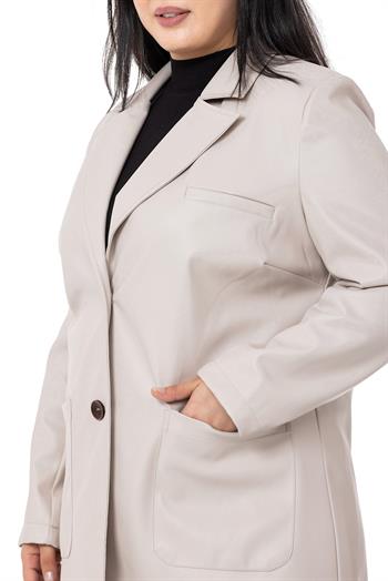 Büyük Beden Torba Cepli Düğmeli Astarlı Taş Rengi Suni Deri Ceket