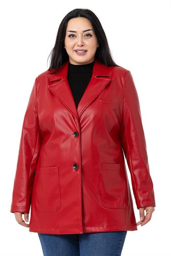 Büyük Beden Torba Cepli Düğmeli Astarlı Kırmızı Suni Deri Ceket