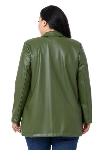 Büyük Beden Torba Cepli Düğmeli Astarlı Haki Suni Deri Ceket