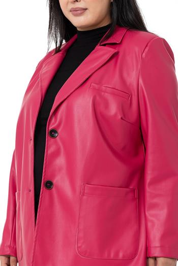 Büyük Beden Torba Cepli Düğmeli Astarlı Fuşya Suni Deri Ceket