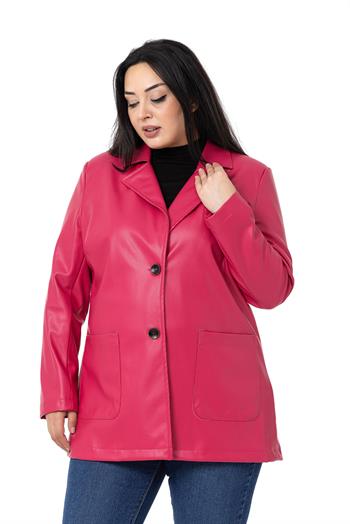 Büyük Beden Torba Cepli Düğmeli Astarlı Fuşya Suni Deri Ceket