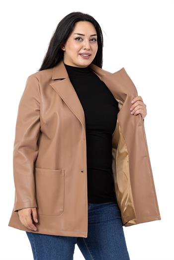 Büyük Beden Torba Cepli Düğmeli Astarlı Vizon Suni Deri Ceket