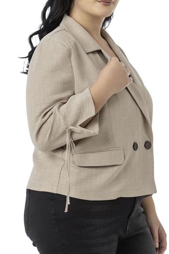 Büyük Beden Truvakar Kol Süs Cepli Vatkalı Astarsız Kısa Bej Rengi Ceket