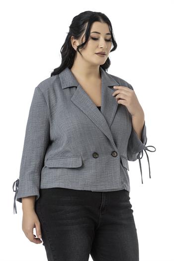 Büyük Beden Truvakar Kol Süs Cepli Vatkalı Astarsız Kısa Gri Ceket