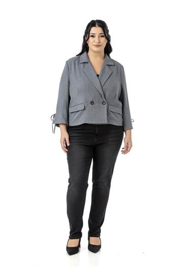 Büyük Beden Truvakar Kol Süs Cepli Vatkalı Astarsız Kısa Gri Ceket