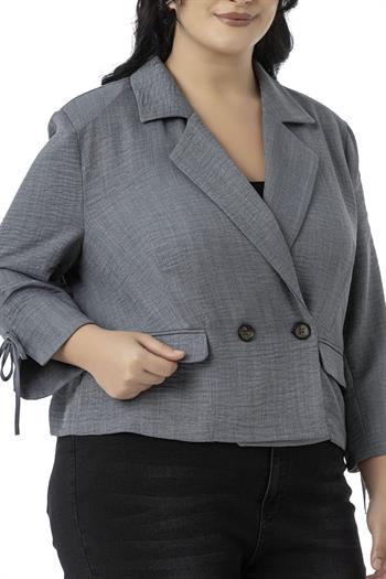 Büyük Beden Truvakar Kol Süs Cepli Vatkalı Astarsız Kısa Gri Ceket