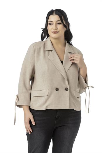 Büyük Beden Truvakar Kol Süs Cepli Vatkalı Astarsız Kısa Bej Rengi Ceket