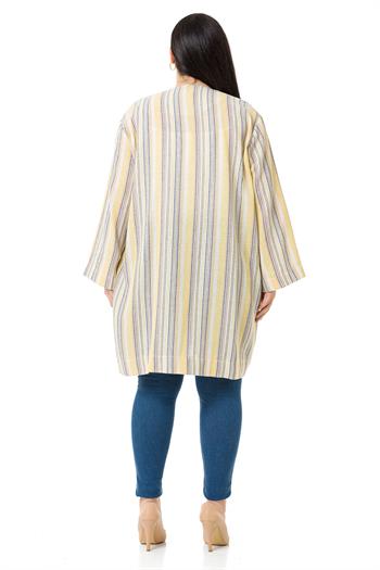 Büyük Beden V Yaka Boyuna Çizgili Astarsız Düğmesiz Keten Ceket