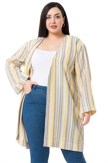 Büyük Beden V Yaka Boyuna Çizgili Astarsız Düğmesiz Keten Ceket