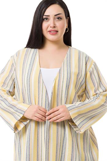 Büyük Beden V Yaka Boyuna Çizgili Astarsız Düğmesiz Keten Ceket