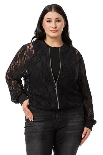 Büyük Beden Yakası Eteği ve Kol Ağzı Ribanalı Fermuarlı Dantel Siyah Ceket