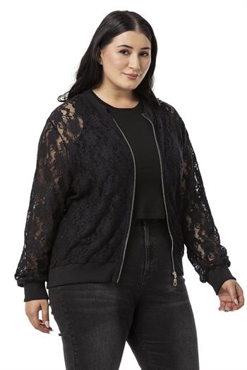 Büyük Beden Yakası Eteği ve Kol Ağzı Ribanalı Fermuarlı Dantel Siyah Ceket