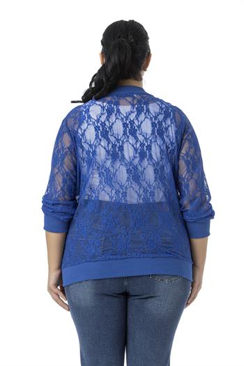 Büyük Beden Yakası Eteği ve Kol Ağzı Ribanalı Fermuarlı Dantel Saks Mavi Ceket