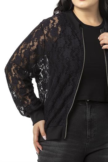 Büyük Beden Yakası Eteği ve Kol Ağzı Ribanalı Fermuarlı Dantel Siyah Ceket