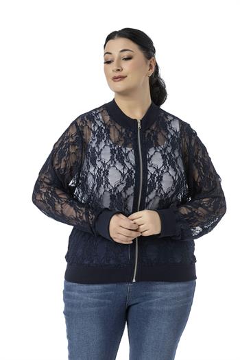 Büyük Beden Yakası Eteği ve Kol Ağzı Ribanalı Fermuarlı Dantel Lacivert Ceket