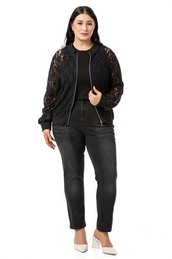 Büyük Beden Yakası Eteği ve Kol Ağzı Ribanalı Fermuarlı Dantel Siyah Ceket