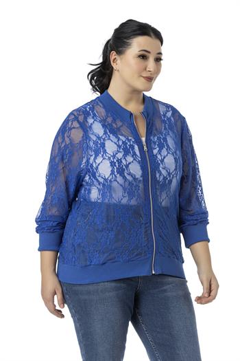 Büyük Beden Yakası Eteği ve Kol Ağzı Ribanalı Fermuarlı Dantel Saks Mavi Ceket