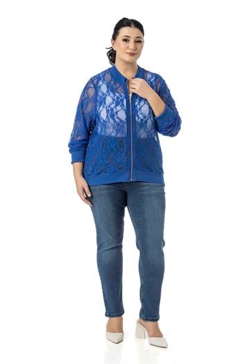 Büyük Beden Yakası Eteği ve Kol Ağzı Ribanalı Fermuarlı Dantel Saks Mavi Ceket