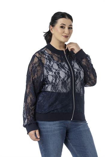 Büyük Beden Yakası Eteği ve Kol Ağzı Ribanalı Fermuarlı Dantel Lacivert Ceket