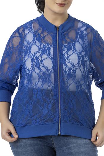 Büyük Beden Yakası Eteği ve Kol Ağzı Ribanalı Fermuarlı Dantel Saks Mavi Ceket