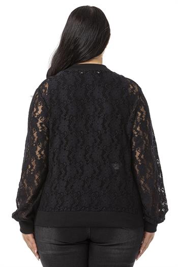 Büyük Beden Yakası Eteği ve Kol Ağzı Ribanalı Fermuarlı Dantel Siyah Ceket