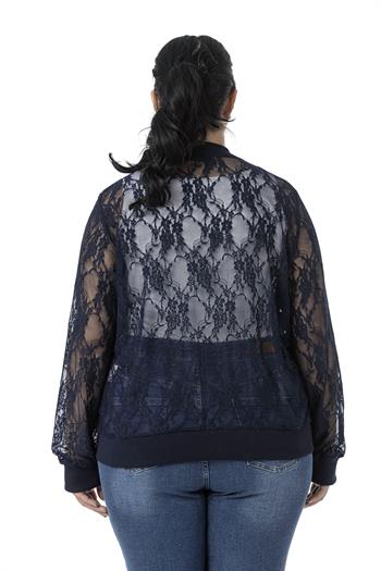 Büyük Beden Yakası Eteği ve Kol Ağzı Ribanalı Fermuarlı Dantel Lacivert Ceket