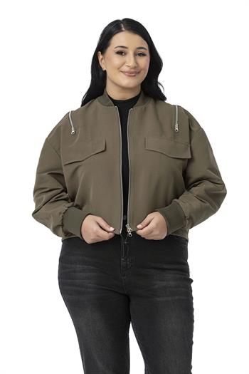 Büyük Beden Yakası ve Kol Ağzı Ribanalı Fermuar Detaylı Haki Bomber Ceket