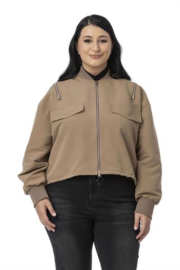 Büyük Beden Yakası ve Kol Ağzı Ribanalı Fermuar Detaylı Vizon Bomber Ceket