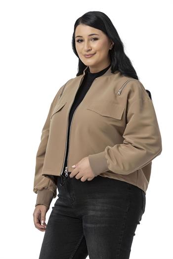 Büyük Beden Yakası ve Kol Ağzı Ribanalı Fermuar Detaylı Vizon Bomber Ceket