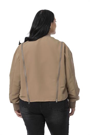 Büyük Beden Yakası ve Kol Ağzı Ribanalı Fermuar Detaylı Vizon Bomber Ceket