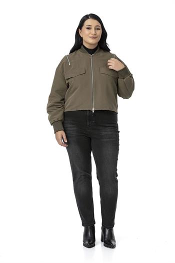 Büyük Beden Yakası ve Kol Ağzı Ribanalı Fermuar Detaylı Haki Bomber Ceket